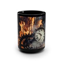 Gothic Steampunk Burning Clock Gears Black Ceramic 15oz Coffee Mug Smoke - $24.28
