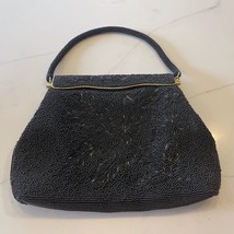 Handbag Beaded with Brass Tone Trim 1950s Hong Kong Black Vintage - $62.99