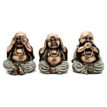 SET OF 3 SEE HEAR SPEAK NO EVIL HAPPY BUDDHA STATUES 4&quot; Bronze Resin Luc... - $760.69 MXN