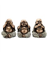 SET OF 3 SEE HEAR SPEAK NO EVIL HAPPY BUDDHA STATUES 4&quot; Bronze Resin Luc... - $748.05 MXN