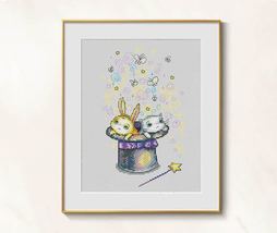 Bunny Magic Hat Cross Stitch Kitten pattern pdf - Magician embroidery Funny   - £4.21 GBP
