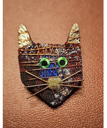 Vtg Brooch Cat Head  2x1” Green Eyes And Wire Whiskers Handmade Crafted ... - $17.95