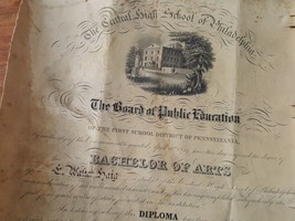 1893 Antique Central High School Phila Pa E Walter Haig Certificate Vellum Linen - £98.75 GBP