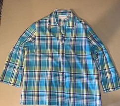 Alfred Dunner Button Down Shirt Womens Size 6P Green &amp; Blue Plaid - $27.72