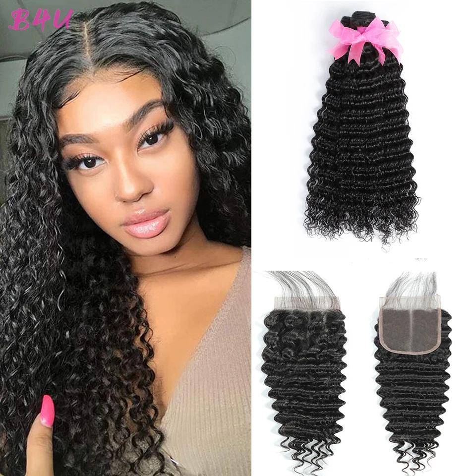 Deep Wave Bundle With Closure 3 Bundles Brazilian Human Remy Hair With Frontal - $109.13+