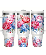 Soft Blue and Red Roses Insulated Travel Cup, 40 oz, floral mug, garden - $38.02 CAD