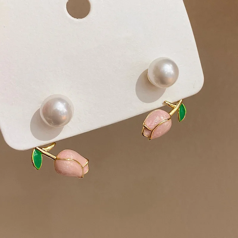 Sporting French Light Luxury Pink Tulip Flower Pearl Stud Earrings For Women Kor - £23.51 GBP