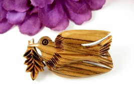 Wood Dove &amp; Olive Branch Pin Vintage Hand Carved Bird Brooch Wooden Handcrafted - £15.02 GBP