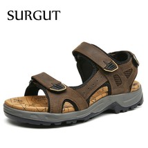 Men&#39;s Sandals Lightweight Leather Breathable Beach Shoes Hook &amp; Loop Outdoor San - £49.31 GBP