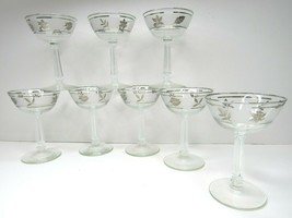 8 Libbey Silver Rim Leaf Frosted MCM 5 1/2&quot; Wine Champagne VTG Bar Ware Glasses - £33.99 GBP
