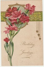 Vintage Postcard Birthday Greetings Pink Carnations Shamrocks Gold Trim - £6.22 GBP
