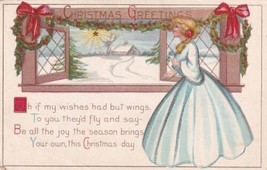 Christmas Greetings Lady Blue Dress at Window Postcard D46 - £2.39 GBP