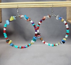 Boho Dangle Hoop Earrings Multicolor Beads 2.5&quot; Fashion Jewelry Faux Turquoise - £14.24 GBP