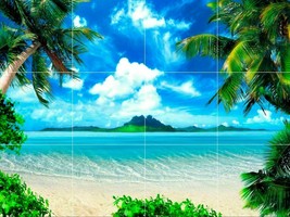 view of tropical beach palm trees ocean sea island ceramic tile mural backsplash - £47.62 GBP+