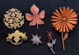Lot Of 6  Vintage Brooches / Pins - Drawer Pull, Flower, Leaf &amp; More - £37.23 GBP