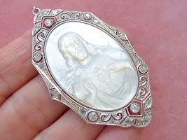 ANTIQUE SACRED HEART of JESUS .76ctw DIAMOND MOTHER of PEARL 2-3/8” PEND... - £2,275.48 GBP