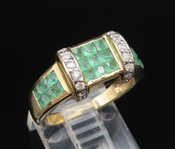 14K GOLD - Vintage Two Tone Square Emerald &amp; Genuine Diamonds Ring Sz 7 ... - £355.82 GBP