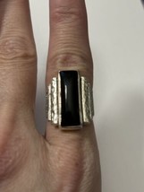 Sterling Silver Modernist Hammered Black Onyx Ring Size 6 Art Deco Style - £35.94 GBP