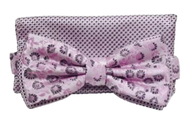 Stacy Adams Men&#39;s Bow Tie &amp; Hanky Set Pink Charcoal Gray Silver Polka Dot Floral - £16.07 GBP