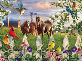 Art print spring birds horses meadow flowers garden 24&quot;X18&quot; - £20.08 GBP