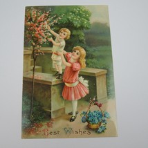 Postcard Best Wishes Children Pick Flowers Boy Cherry Blossom Girl Pink Dress - £7.87 GBP