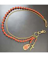 Red Chalcedony Stone Round Beads Wallet Gold Chian,Handmade Gothiic Jean... - $78.00