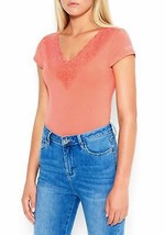 Bebe Logo Lace Plunge Bodysuit, Peach, Size Medium - $32.00