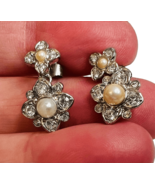Monet Silver Tone Faux Pearl Rhinestone Floral Drop Earrings Jewelry Vin... - £13.99 GBP