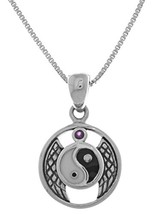 Jewelry Trends Winged Yin Yang Sterling Silver Pendant Necklace 18&quot; with Purple  - £31.31 GBP