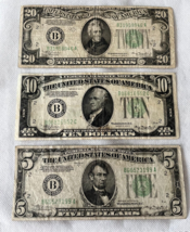1934 A $ 5 $10 &amp;$20 dollar federal reserve notes bank of N.Y.   20230014 - £77.86 GBP