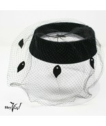 Vintage Black Velvet Halo Ring Hat w Veil - Rhinestone Leaf Trim - Hey Viv - £23.59 GBP