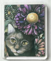 Cat Art Acrylic Large Magnet - Gray Cat with Purple Asters - £6.39 GBP
