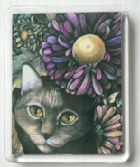 Cat Art Acrylic Large Magnet - Gray Cat with Purple Asters - $10.94 CAD