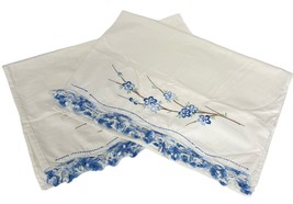 Vintage White Pillowcases With Blue Floral Embroidery &amp; Crochet Lace Tri... - £18.75 GBP