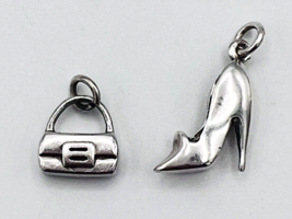 Two Solid Sterling Silver Dangle Charms Handbag High Heeled Shoe - £24.91 GBP