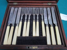 Savory 1800s London Silverplate Forks Knives Set White Handle Original Box - £149.81 GBP