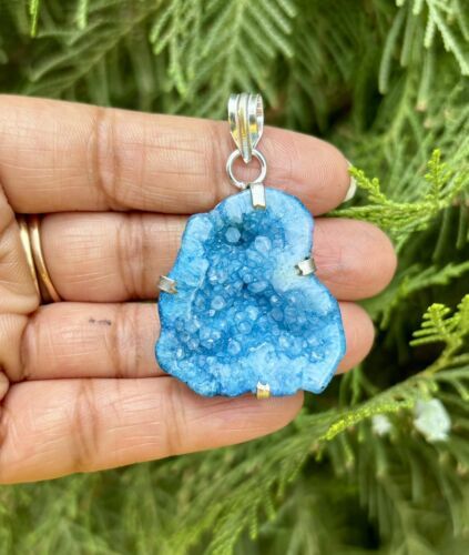 925 Sterling Silver Plated, Turquoise Blue Druzy Geode Agate Stone Penda... - $12.07