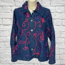 Vintage Choices Denim Jean Jacket Size M Pink Floral Embroidered Textured  - $29.65