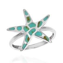 Exotic Starfish Inlaid Green Turquoise .925 Sterling Silver Ring-8 - £14.56 GBP