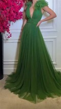 V-Neck Floor Length Tulle Sleeveless Vestidos De Noche Embellished Eveni... - $108.00