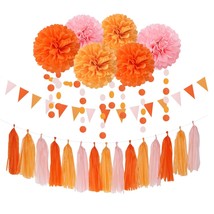 Pink-Orange Groovy Party-Decorations Pom-Poms Streamers - 23Pcs Fall Autumn Than - £27.30 GBP