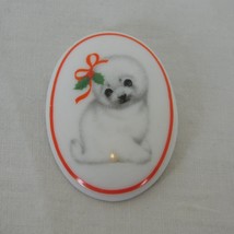 Seal Pup Snow Pin Brooch Oval Porcelain Ceramic Vintage Christmas Holiday 2&quot; Lg - £9.12 GBP