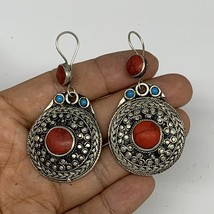 1pc, 2.3&quot;x1.2&quot; Turkmen Earring Tribal Jewelry Red Coral Inlay Round Boho, B14268 - £9.59 GBP