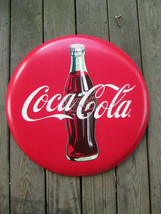 Coca-Cola 24 Inch Distressed Red Disc Button Sign Contour Bottle Script Logo - £43.02 GBP