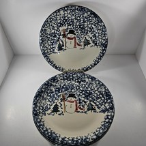 Vintage Folk Craft Sponge Tienshan Snowman Dinner Plate Set of 4 Blue Ch... - $54.99