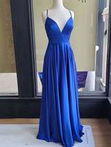 Simple blue satin long prom dress, blue satin evening dress - £111.02 GBP