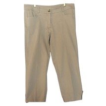 Cache Beige Crop Pant Size 12 L Self Belt Back Button Tab Leg Cotton Str... - $24.95