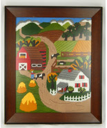Crewel Farm House Worker Country Scene Needle Point Embroidery Framed 14... - £26.12 GBP