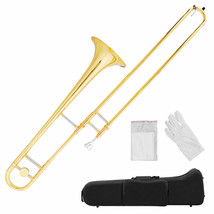 B Flat Trombone Gold Brass With Mouthpiece Case Gloves For Beginners Stu... - £278.96 GBP