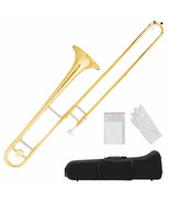 B Flat Trombone Gold Brass With Mouthpiece Case Gloves For Beginners Stu... - £264.40 GBP
